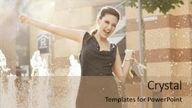  Presentation with sad woman walking - Slide deck consisting of young attractive cheerful woman walking background and a coral colored foreground