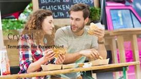  Presentation with food truck - Presentation design having young-attractive-couple-eating-ham background and a coral colored foreground