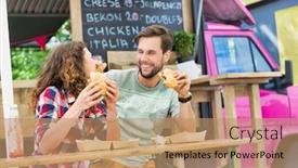  Presentation with burgers - Audience pleasing presentation theme consisting of young-attractive-couple-eating-ham backdrop and a coral colored foreground