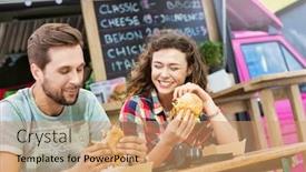  Presentation with food truck - Cool new slide deck with young-attractive-couple-eating-ham backdrop and a coral colored foreground