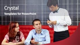  Presentation with restaurant waiter - Cool new slide set with young attractive couple sitting in restaurant and talking to handsome waiter backdrop and a gray colored foreground