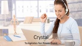  Presentation with customer service excellence - Cool new presentation theme with young attractive customer servicer talking backdrop and a  colored foreground