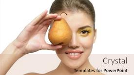  Presentation with skin health - Cool new PPT theme with young attractive girl posing at studio with ripe pear beautiful female face with healthy skin and art makeup health care cosmetology antiaging beauty treatment diet feminity spa concept backdrop and a coral colored foreground