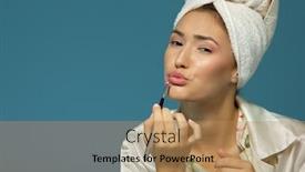  Presentation with lipstick - PPT layouts having young-attractive-girl-putting-lipstick background and a coral colored foreground