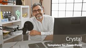  Presentation with radio news - Presentation design having young-attractive-grey-haired-hispanic and a dark gray colored foreground