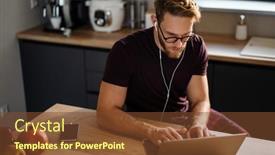  Presentation with working remotely - Colorful PPT theme enhanced with young-attractive-man-working-remotely backdrop and a tawny brown colored foreground