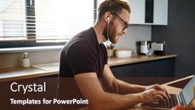  Presentation with working remotely - Audience pleasing presentation theme consisting of young-attractive-man-working-remotely backdrop and a tawny brown colored foreground