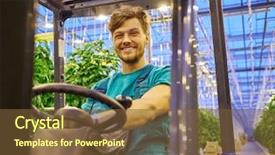  Presentation with forklift - Slides featuring young attractive man working on electric forklift in greenhouse background and a tawny brown colored foreground