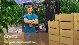  Presentation with forklift - Audience pleasing presentation theme consisting of young attractive man working on electric forklift in greenhouse backdrop and a coral colored foreground