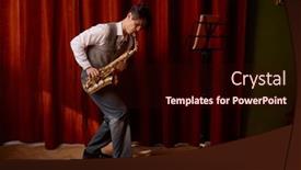  Presentation with stage curtains - Presentation theme featuring young-attractive-musician-plays-tenor background and a wine colored foreground