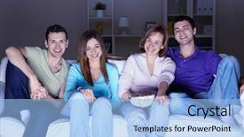  Presentation with movie - Presentation having young attractive people watch movies background and a light blue colored foreground