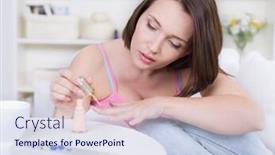  Presentation with manicure - Theme consisting of young attractive pretty woman making manicure - indoors background and a sky blue colored foreground