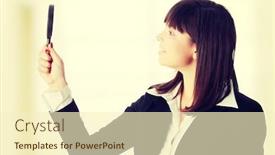  Presentation with looking glass - PPT theme consisting of young attractive smiling business woman looking into a magnifying glass background and a cream colored foreground