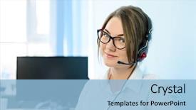  Presentation with customer service phone number - PPT theme enhanced with young attractive smiling customer support background and a light blue colored foreground
