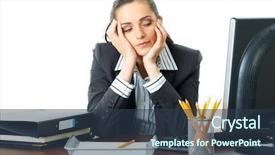  Presentation with overworked - Slide set enhanced with young attractive tired overworked and exhausted female office worker in grey suit isolated on white background background and a tawny brown colored foreground