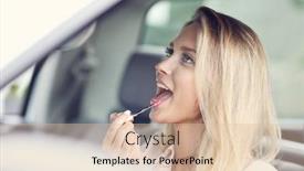  Presentation with rear view mirror - Presentation with young attractive woman looking in rear view mirror applying lipstick background and a lemonade colored foreground