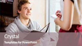  Presentation with order - Cool new slide deck with young attractive woman making order at restaurant backdrop and a gray colored foreground