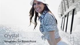  Presentation with yacht - Colorful presentation theme enhanced with young-attractive-woman-on-yacht backdrop and a lemonade colored foreground