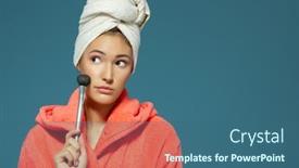  Presentation with blue - PPT layouts enhanced with young-attractive-woman-putting-blush background and a ocean colored foreground