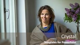  Presentation with house window - Slide deck having young attractive woman sitting in his house near the window with a cup of tea in his hands background and a dark gray colored foreground