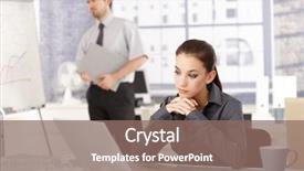  Presentation with standing sitting - Cool new slide deck with young attractive woman sitting in office at desk looking at laptop man standing in background backdrop and a violet colored foreground