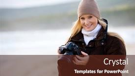  Presentation with beach - Slides consisting of young-attractive-woman-taking-photographs background and a tawny brown colored foreground