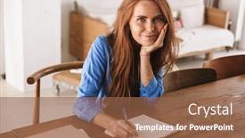  Presentation with writing notes - Presentation design with young-attractive-woman-writing-notes background and a tawny brown colored foreground