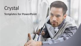  Presentation with mechanic repair - PPT layouts enhanced with young automobile mechanic examining car background and a light gray colored foreground