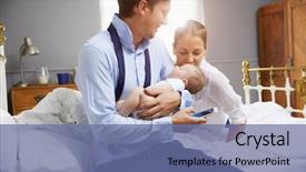  Presentation with parents - Colorful PPT theme enhanced with readiness check - parents with young baby dressing backdrop and a seafoam green colored foreground