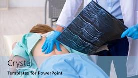  Presentation with chiropractor - PPT theme enhanced with young-back-injured-woman-visiting background and a light blue colored foreground