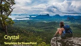  Presentation with cliff - Theme enhanced with young backpacker sitting on a cliff and looking to a valley background and a tawny brown colored foreground