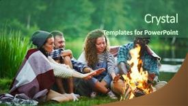  Presentation with campfire - PPT theme enhanced with young backpackers sitting by campfire background and a ocean colored foreground