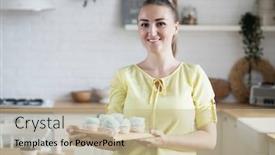  Presentation with pastries - Beautiful slide deck featuring young-baker-woman-holding-pastries backdrop and a mint green colored foreground