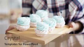  Presentation with pastries - PPT theme with young-baker-woman-holding-pastries background and a coral colored foreground