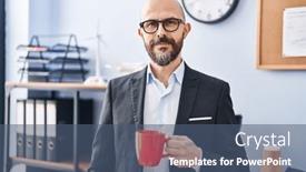  Presentation with bald - Presentation theme having young-bald-man-business-worker background and a ocean colored foreground