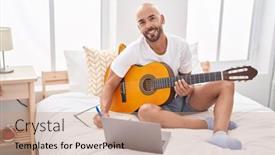  Presentation with classical guitar - PPT theme enhanced with young-bald-man-composing-song background and a coral colored foreground