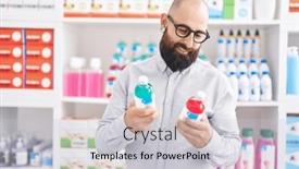  Presentation with medication - Presentation theme featuring young-bald-man-customer-smiling background and a light gray colored foreground