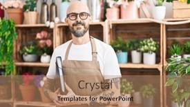  Presentation with binder - PPT layouts enhanced with young-bald-man-florist-smiling background and a coral colored foreground