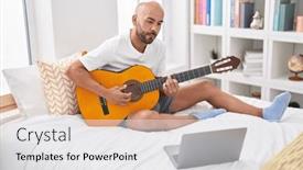  Presentation with guitar class - PPT layouts consisting of young-bald-man-having-online background and a white colored foreground