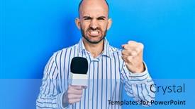  Presentation with yelling - PPT layouts with young-bald-man-holding-reporter background and a light blue colored foreground