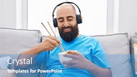  Presentation with chinese food - Slide deck with young-bald-man-listening background and a teal colored foreground