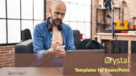  Presentation with music studio - Slide set with young-bald-man-musician-composing background and a violet colored foreground