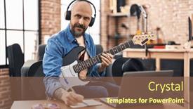  Presentation with music studio - Presentation design with young-bald-man-musician-composing background and a violet colored foreground