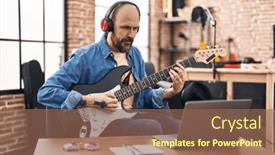  Presentation with music studio - Slide deck having young-bald-man-musician-having and a violet colored foreground