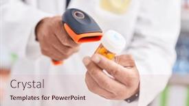  Presentation with bald - Presentation theme consisting of young-bald-man-pharmacist-scanning background and a coral colored foreground