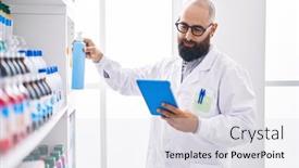  Presentation with pharmacy cream - Presentation design consisting of young-bald-man-pharmacist-using background and a light gray colored foreground