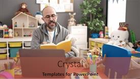  Presentation with story book - PPT theme with young-bald-man-preschool-teacher background and a red colored foreground