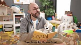  Presentation with story book - Presentation theme with young-bald-man-preschool-teacher background and a coral colored foreground