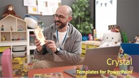  Presentation with teaching - Presentation design featuring young-bald-man-preschool-teacher background and a tawny brown colored foreground