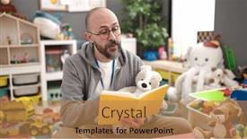  Presentation with story book - Slide deck having young-bald-man-preschool-teacher background and a coral colored foreground